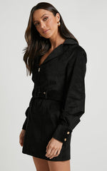 Lheya Mini Dress - Long Sleeve Belted Dress in Black