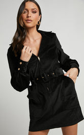 Lheya Mini Dress - Long Sleeve Belted Dress in Black