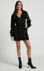 Lheya Mini Dress - Long Sleeve Belted Dress in Black