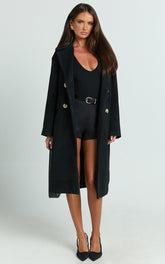 Libee Coat - Double Breasted Longline Coat in Black