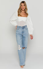 Lincy Bodysuit - Puff Long Sleeve Mesh Waist Detail Bodysuit in White