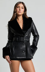Lioness - Brooklyn Short PU With Fur Trim Coat in Onyx