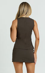 Lorena Top - Scoop Neck Button Through Tailored Top in Dark Brown