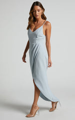 Lucky Day Midi Dress - V Neck Drape Dress in Ice Blue