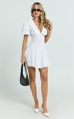 Lucy Mini Dress - Deep V Oversized Collar Puff Sleeve A Line Dress in White
