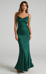 Lunaria Maxi Dress - Cowl Mermaid Slip Dress in Emerald Satin