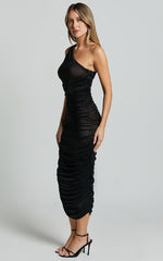 Lunette Midi Dress - One Shoulder Ruched Mesh Dress in Black