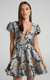 Brailey Jacquard Mini Dress - Puff Sleeve Dress in Black, Silver and Gold