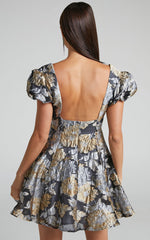 Brailey Jacquard Mini Dress - Puff Sleeve Dress in Black, Silver and Gold