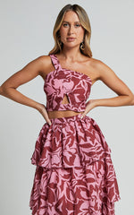 Lydie Two Piece Set - One Shoulder Top and Tiered Midi Skirt Set in Whirlwind Floral Print