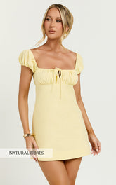 Maddy Mini Dress - Ruched Bust Short Sleeve Dress in Lemon