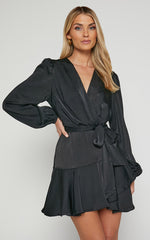 Mandie Mini Dress - V Neck Long Sleeve Wrap Dress in Black