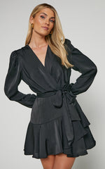 Mandie Mini Dress - V Neck Long Sleeve Wrap Dress in Black