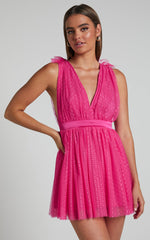 Mariabella Mini Dress - Tulle Plunge Dress in Hot Pink