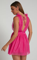 Mariabella Mini Dress - Tulle Plunge Dress in Hot Pink