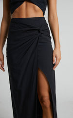 Marieta Midi Skirt - Linen Look Knot Front Skirt in Black