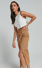 Marieta Midi Skirt - Linen Look Knot Front Skirt in Biscuit