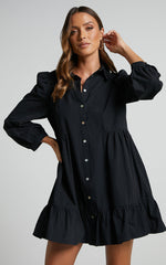 Maulee Mini Dress - Frill Hem Shirt Dress in Black