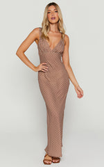 Mauriel Midi Dress - Deep V Gathered Bust Slip Dress in Brown Geo