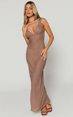 Mauriel Midi Dress - Deep V Gathered Bust Slip Dress in Brown Geo