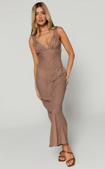 Mauriel Midi Dress - Deep V Gathered Bust Slip Dress in Brown Geo