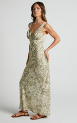 Mauriel Midi Dress - Deep V Gathered Bust Slip Dress in Green Floral