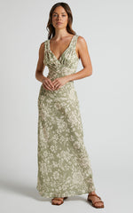 Mauriel Midi Dress - Deep V Gathered Bust Slip Dress in Green Floral