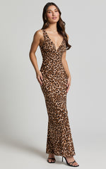 Mauriel Midi Dress - Deep V Gathered Bust Slip Dress in Leopard Print