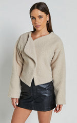 Mayvie Jacket - Collarless Long Sleeve Wool Look Jacket in Beige