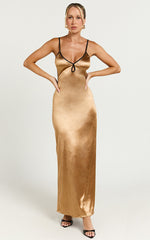 Melai Midi Dress - Contrast Satin Slip Midi Dress in Gold & Black