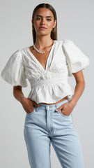 Mellie Top - Puff Sleeve Peplum Top in White