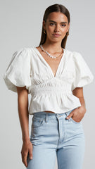 Mellie Top - Puff Sleeve Peplum Top in White
