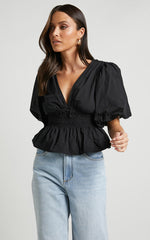 Mellie Top - Puff Sleeve Peplum Top in Black