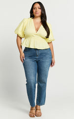 Mellie Top - Puff Sleeve Peplum Top in Yellow