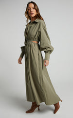 Merabelle Midi Dress - Side Cut Out Collared Long Sleeve Shirt Dress in Olive