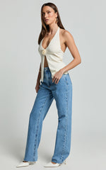 Mia Top - Knitted Halter Neck Rosette Detail Top in Cream