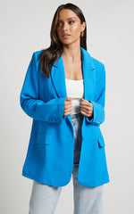 Michelle Blazer - Oversized Plunge Neck Button Up Blazer in Blue