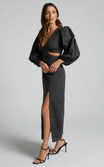 Miggy Midi Dress - Puff Sleeve Cut Out Split Dress in Black