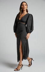 Miggy Midi Dress - Puff Sleeve Cut Out Split Dress in Black