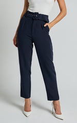 Milica Trousers - Belted High Waisted Trousers in Navy