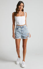 Mindae Shorts - Recycled Cotton Ripped Denim Shorts in Mid Blue Wash