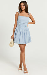 Miriam Mini Dress - Tie Straps Square Neck Mini Dress in Blue