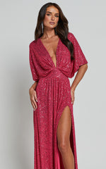 Miyah Maxi Dress - Sequin Plunge Short Sleeve Dress in Pink