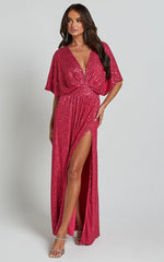 Miyah Maxi Dress - Sequin Plunge Short Sleeve Dress in Pink