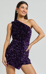 Molly Playsuit - Sequin One Shoulder Skort Playsuit in Purple