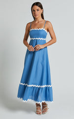 Moriseth Midi Dress - Linen Sleeveless Fit Flare Dress in Blue