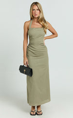 Myra Midi Dress - Halter Ruched Side Dress in Olive