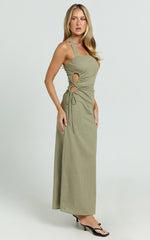 Myra Midi Dress - Halter Ruched Side Dress in Olive