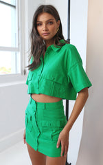 Navine Two Piece Set - Button Front Crop Top and Cargo Pocket Mini Skirt Set in Green