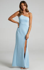 No Ones Fault Midi Dress - One Shoulder Thigh Split Dress in Light Blue